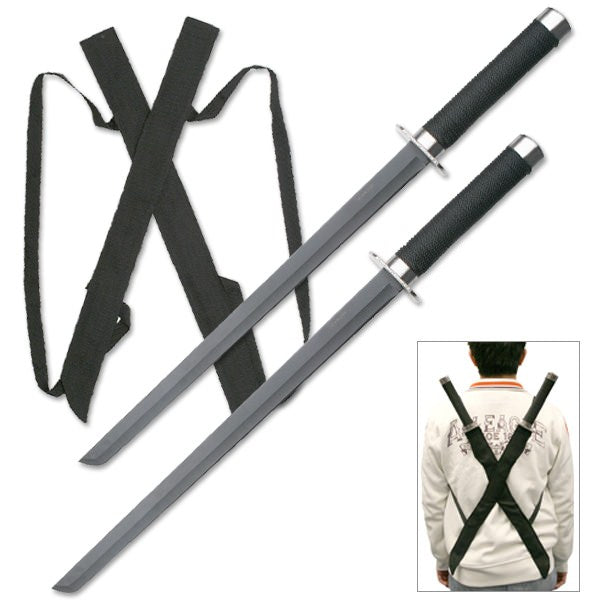 Black Twin Ninja Sword Set with Body Harness Strap Dual Blades - Tophatter's Army Products & Self Defense Collectible Weapons - Tophatter Daily Deals